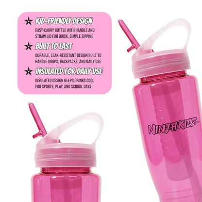Ninja Kidz Official Kids Water Bottle with Straw, Reusable Water Bottle with Handle, Leak-Resistant, Insulated, Durable, Great for Sports, Official Merch, 0.5 liters, Pink - color: Pink