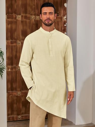Runcati Mens Kaftan Robe Thobe Cotton Long Sleeve Henley Shirt Casual Muslim Gown Kurta Tops - color: Beige, size: Small