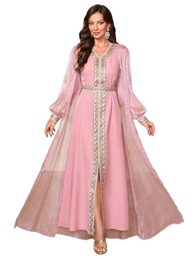 Elegant Muslim Dress with Embroidered Traditional Islamic Attire Maxi Robe Eid Prayer Gown - color: Pink, size: XX-Large