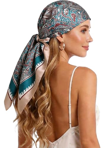 Silk-Feel 35x35 Satin Hair Scarf | Multi-Way Head Wrap for Sleep, Style & Hijab | Gift-Ready Fashion Scarf for Women - color: Green-paisley
