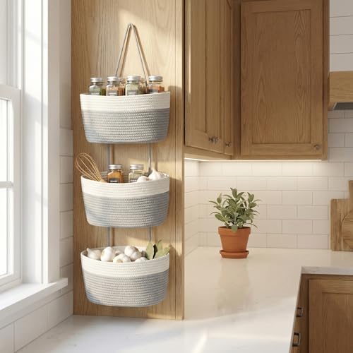 3-Tier Woven Cotton Rope Hanging Basket, Over the Door Organizer, Adjustable Detachable Wall Basket with Metal & Adhesive Hooks, No Drilling for Farmhouse, Boho Home and Wall Decor - style: White&Grey