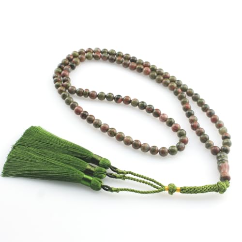 Muslims Islamic Dhikr Tasbeeh 99 Tasbih Prayer Beads, Flower Green Stone Beads with Tassel