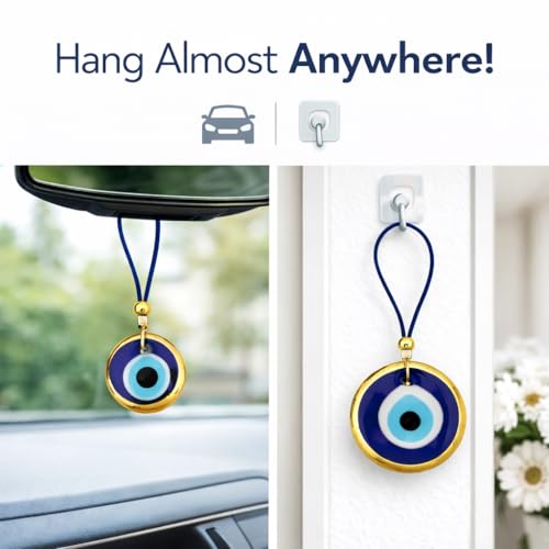 Turkish Blue Evil Eye Car Hanging Gold Ornament Set of 2- Evil Eye Car Accessories - Evil Eye Car Charm Gift for Women or Men - style: Gold Set of 2
