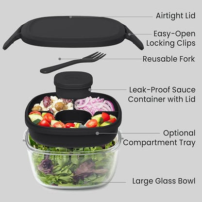 Bentgo Glass Salad Container - 7.6-Cup Salad Bowl with Airtight Lid, Leak-Proof Sauce Container, 4-Compartment Bento Tray & Reusable Fork - BPA-Free for Meal Prep, Office & More (Black Onyx) - color: Black Onyx