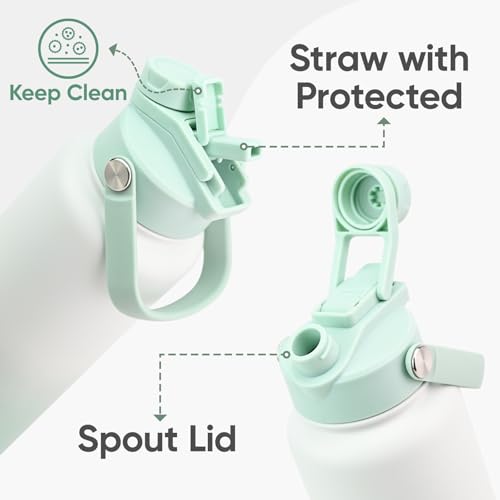 24 oz Insulated Water Bottle, 2-in-1 Lid, Straw & Spout with Protected, Leak Proof, Keep Cold 24H, Cup Holder Fit, Stainless Steel, Metal, Reusable, for Travel, Gym and School, 2 Lids, Iced Mint - color: Iced Mint, size: 24 Ounces
