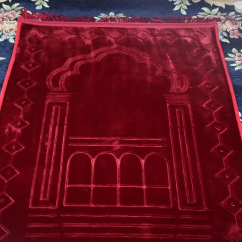 Thick Flannel Muslim Prayer Rug Embossed Turkish Prayer Carpet Islam Prayer Mat Rosary Beads for Men Women Islamic Janamaz Great Ramadan Eid Gift Elegant Sajadah with Tassel Salat Rug 80x120cm - color: Red