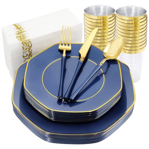 KIRE 140Pcs Blue Plastic Plates with Gold Rim - Navy Blue Plates for Party - color: Blue and Gold