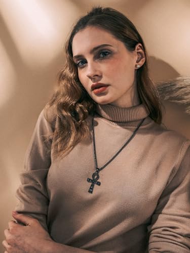 Richsteel Stainless Steel/Gold/Black Plated Ankh Cross Pendant Necklace for Men Women with Wheat Chain Religious Jewelry(with Gift Box) - color: 01-Black Hieroglyphs