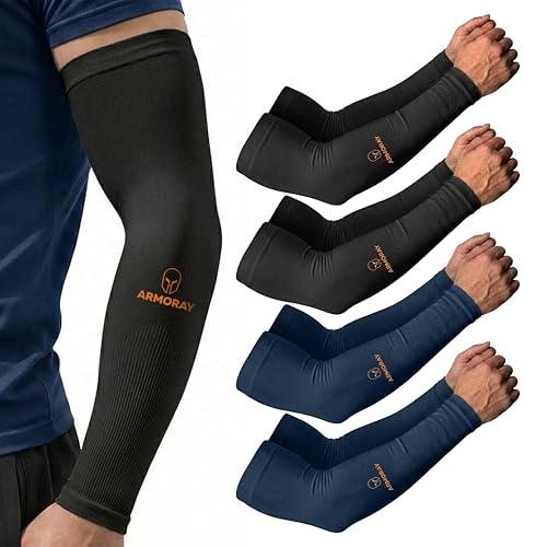 ARMORAY Arm Sleeves for Men and Women - UV Sun Protection Cooling Compression - Tattoo Cover Up Sleeve for Daily Wear & Work - color: Black 2 Pair + Navy 2 Pair ( 4 Pair)