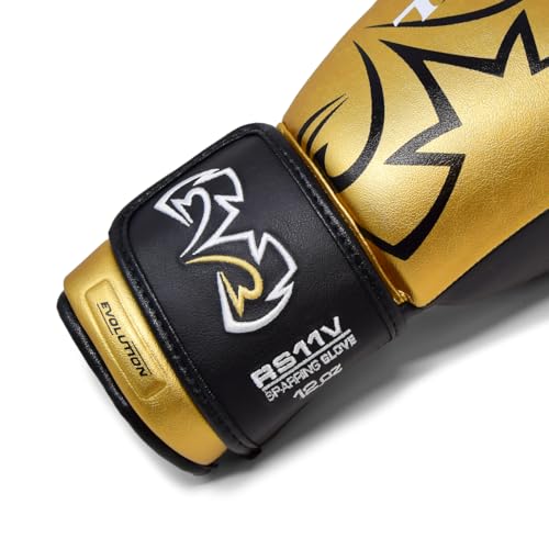RIVAL Boxing RS11V Evolution Sparring Gloves, Extra-Thick 2” Padding, V-Strap Wrist Lock 2 System, Large Hand Compartment, and 15 Degree Angle Cuff - color: Gold, size: 12 oz.