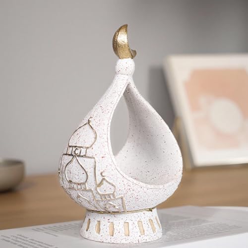 Decorative White Ceramic Moon Tealight Holder with Gold Accent, 8.66 x 5.51 inches - size: 5.51*5.51*8.66in