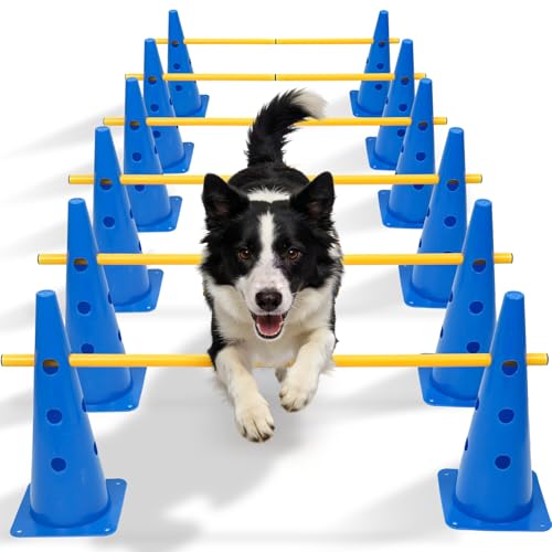 Wdmiya 18.9" Dog Agility Training Hurdle Cone Set with Adjustable Crossbar | Dog Agility Course Backyard Set, Dog Agility Equipment for Obedience, Rehabilitation, Starter - 12 Cones & 6 Poles