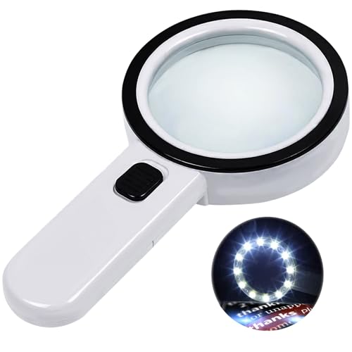 Nazano Magnifying Glass with 12 LED Lights for Senior Reading, 10X | Ultra-clear Handheld Reading Magnifier for Seniors, Macular Degeneration, Close Work, Coins & Pill Bottles