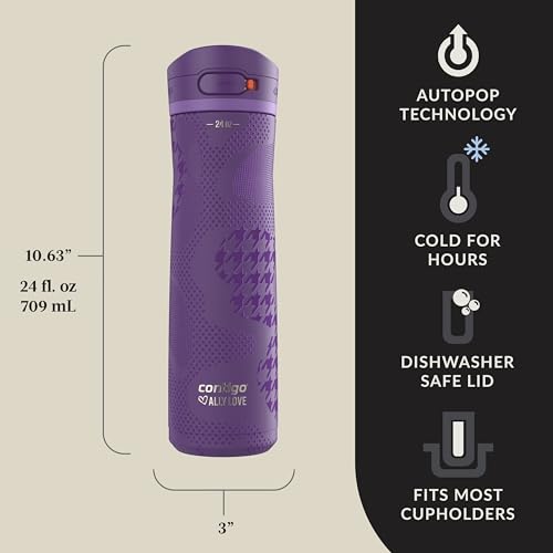 Contigo x Ally Love Jackson Chill 2.0, Stainless Steel, Spill Proof Water Bottle with AutoPop Lid, BPA Free, 24oz, Violet - color: Violet, size: 24oz (Pack of 1), style: Ally Love