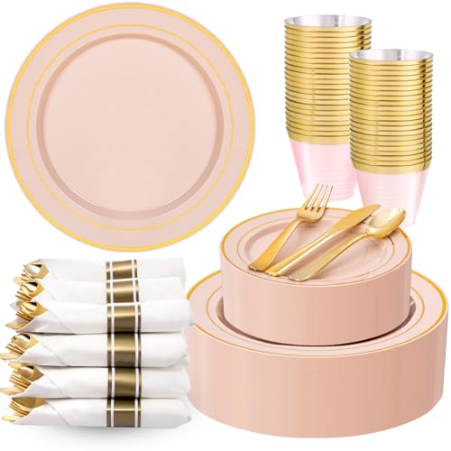 175PCS Pink Gold Plastic Dinnerware Set,Pink Plastic Plates, Include: 25 Dinner Plates, 25 Dessert Plates, 25 Pre Rolled Napkins with Gold Silverware, 25 Cups for Spring Wedding,Mother's Day - color: Pink and Gold