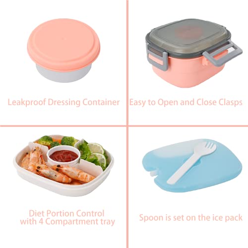 Freshmage Salad Container for Lunch with Ice Pack, Leakproof BPA-Free 52-oz Lunch Container with 4 Compartments, Salad for Men, Women (Pink+Ice Pack) - color: Pink-52oz+Ice Pack