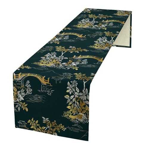 Chinese Landscape Table Runner, Vintage Oriental Line Art Golden White Bridge Plants Leaves Print Table Runner for Home Kitchen Dining Table Holiday Party Wedding Decor, 13x36inch - color: Asian-12, size: W13"x L36"