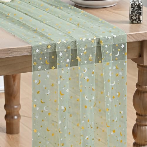 Artoid Mode Sage Green Gauze Stars Moon Table Runner 10FT, Glitter Metallic Foil Sheer Dining Wedding Anniversary Holiday Birthday Table Decor for Home Party - color: Sage Green