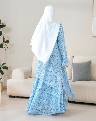 Muslim Abaya Dress for Women 3-Piece Set, Ruffle Top & Chiffon Maxi Skirt - color: Blue, size: Large