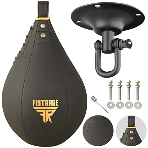 FISTRAGE Speed Ball Boxing Leather MMA Muay Thai Training Punching Dodge Striking Bag Kit Hanging Swivel Workout Speedball Kicking Platform (Golden)
