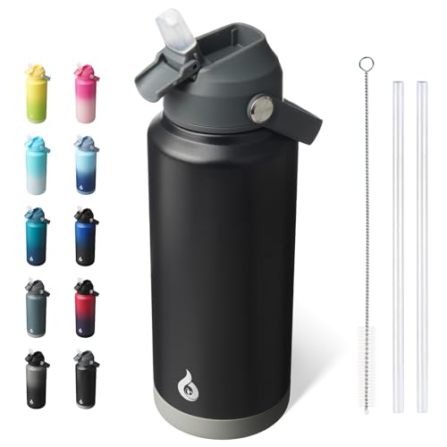 BJPKPK 32oz Insulated Water Bottle, Stainless Steel Bottle with Straw Lid - color: Black, size: 32 Ounces