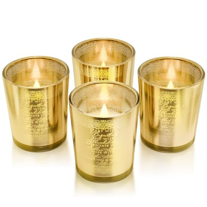 Teenyyou 4 Pcs Islamic Decorations Votive Candle Holders Bulk Eid Al Adha Gifts Hajj Mubarak Gold Glass Tealight Holders Table Decors Centerpiece for Muslim Desk Bedroom Home Office