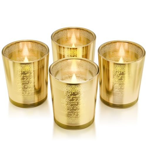 Teenyyou 4 Pcs Islamic Decorations Votive Candle Holders Bulk Eid Al Adha Gifts Hajj Mubarak Gold Glass Tealight Holders Table Decors Centerpiece for Muslim Desk Bedroom Home Office