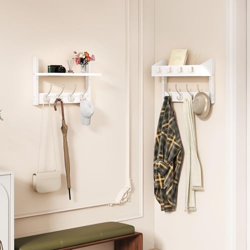 YMYNY 31.5" Coat Rack Wall Mount with Shelf, 4 in 1 Key and Coat Hanger with 12 Metal Hooks, Wall Shelf with Hooks & Mail Holder for Living Room, Bedroom, White, HWS007W-2 - color: White, size: 31.5" - 4-in-1