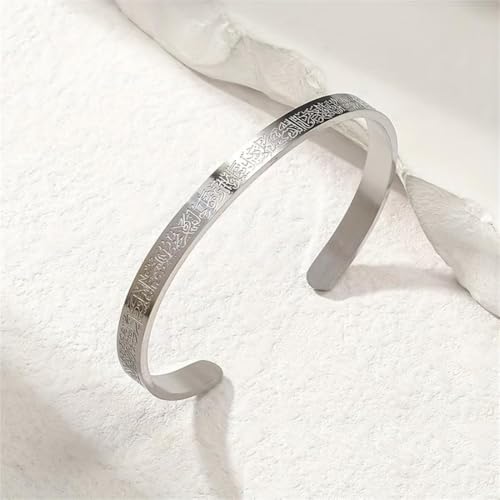 Ayatul Kursi Exquisite Stainless Steel Bracelet Islamic Muslim Quran Verse Calligraphy Ramadhan Festival Cuff Bracelet Men Arabic Calligraphy Messenger Jewelry Gift - color: silvery