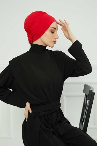 Aisha's Design Instant Turban Head Wraps for Women, Combed Cotton Scarf Lightweight Pre tied Hijab with Back Rose Detail - color: Red