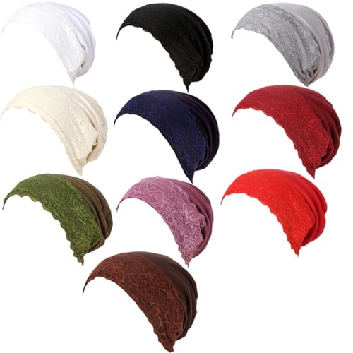 10 Pack Lace Hijab Undercap for Women, Stretchy Breathable Under Scarf Cap, Cancer Headwear Lightweight for Daily (US, Numeric, 6 3/4, 7 1/4, Multicolors)