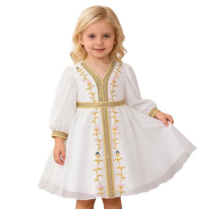 Girls Muslim Dress Kids Girls Floral Embroidery Prayer Dresses Long Sleeve V Neck Elegant Kaftan Dresses for Party - size: 12-18 Months
