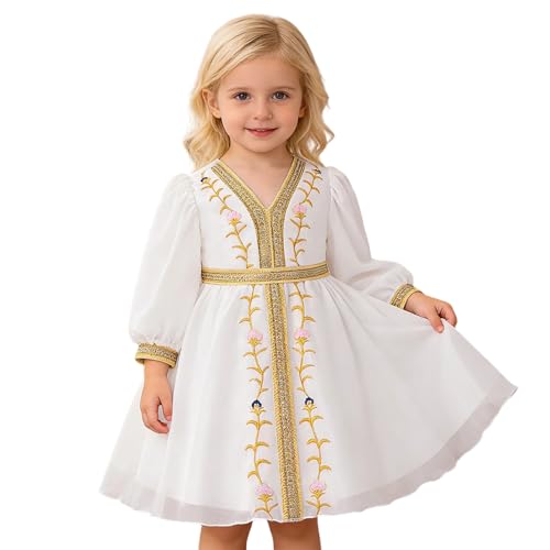 Girls Muslim Dress Kids Girls Floral Embroidery Prayer Dresses Long Sleeve V Neck Elegant Kaftan Dresses for Party - size: 9-12 Months
