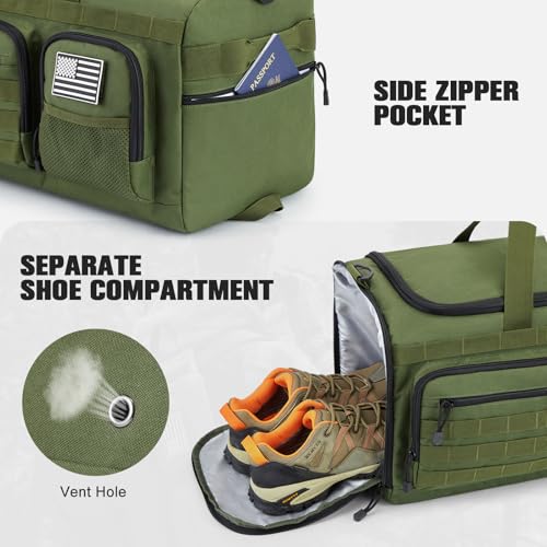 G4Free 3-in-1 Duffle Bag Travel Gym Sports, Large Tactical Duffel Backpack | 50L/65L with Shoes Compartment and Wet Pocket, Military Workout Bag for Men and Women, Green - color: Green