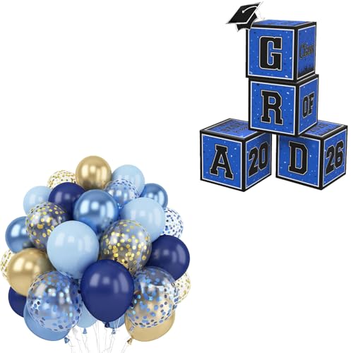 2026 Graduation Decorations, 4Pcs Graduation Boxes with 60pcs Blue Gold Balloons for College, High School, Prom Party Supplies