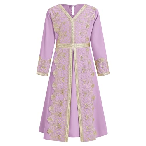 FYMNSI Kids Girls Muslim Abaya Dress Modest Lace Belted Prayer Dress Islamic Maxi Robe Kaftan Ramadan Arabian Dubai Clothes - color: Purple, Pink, size: 10-11 Years