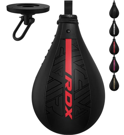 RDX Speed Bag Boxing Ball, Maya Hide Leather Dodge Striking Target with Additional Bladder, MMA Muay Thai Punching Workout Kicking Martial Arts Training Home Gym Exercise Speedball - color: BLACK RED, size: Speed Bag without Swivel