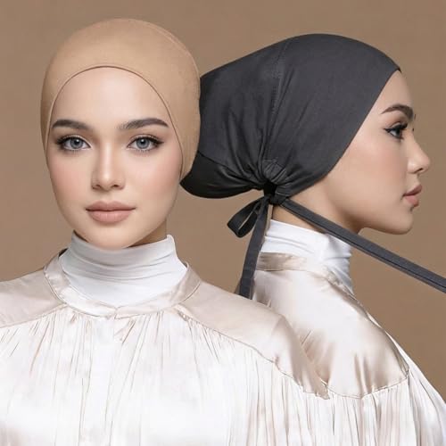 Yeieeo 3PC Muslim Hijab Undercap for Women, Stretch Tie-Back Inner Headscarf Bonnet, Soft Modal Headwear for Daily - color: Black+dark Grey+light Khaki