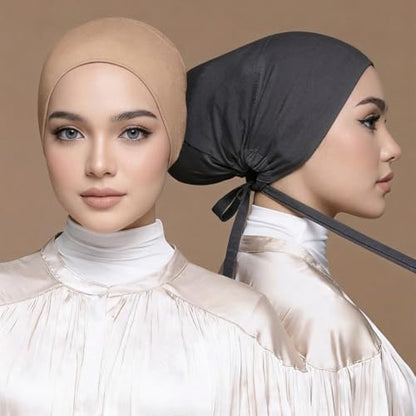 Yeieeo 3PC Muslim Hijab Undercap for Women, Stretch Tie-Back Inner Headscarf Bonnet, Soft Modal Headwear for Daily - color: Black+dark Grey+light Khaki