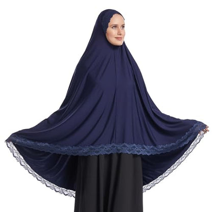 Muslim Women's Instant Big Hijab Jersey Turbans Khimar Abaya Soft Prayer Scarf, 1pc Lace - color: Navy, size: Large