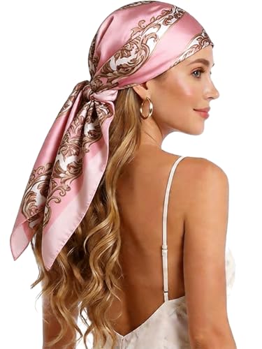 Silk-Feel 35x35 Satin Hair Scarf | Multi-Way Head Wrap for Sleep, Style & Hijab | Gift-Ready Fashion Scarf for Women - color: Pink-totem