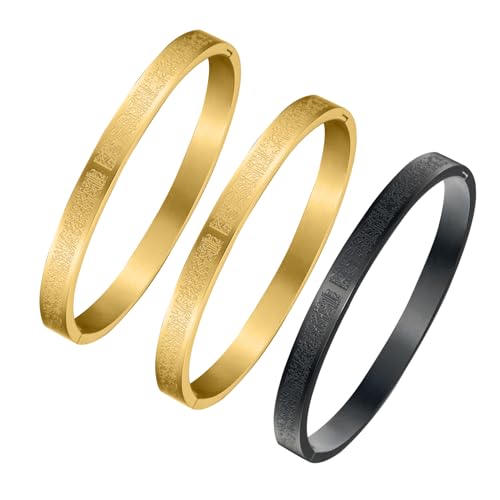 AYATUL KURSI Islamic Jewelry Bracelets Stainless Steel Openable Bangles Arabic Calligraphy Islamic Faith Gifts Messager Islamic Calligraphy Muslim Men Jewelry Bracelets Gift for Women - color: 2 Gold 1 Black