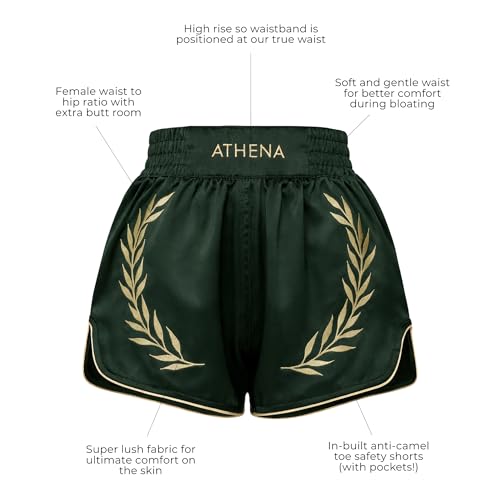 Women's Green & Gold Muay Thai MMA Shorts Athena with Built-in Safety Compression Tights. Muay Thai Kickboxing Training - size: 4X-Large
