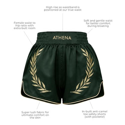 Women's Green & Gold Muay Thai MMA Shorts Athena with Built-in Safety Compression Tights. Muay Thai Kickboxing Training - size: 4X-Large