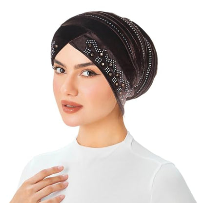 Rhinestone Hijab Turban Hats for Women Beanies Bandana Headwrap Cap Beanies Headwear Headscarf Undercap Turban Hat - color: Coffee