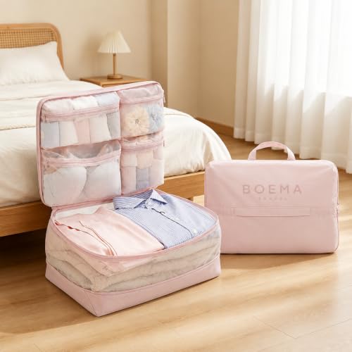 Travel organizer bag, multi-layer compressible clothing bag with separate compartments for vacations, business trips, suitcase luggage, portable 5-in-1 packing organizers for clothes sorting (Pink) - color: Rose Pink