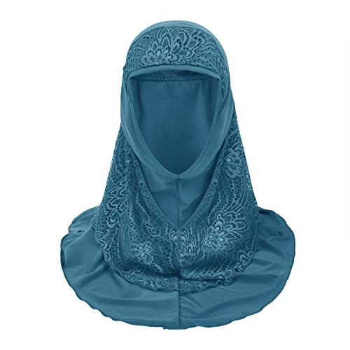Women Soft One Piece Hijab Long Muslim Turban Islamic Full Head Scarf - color: Lace/Blue