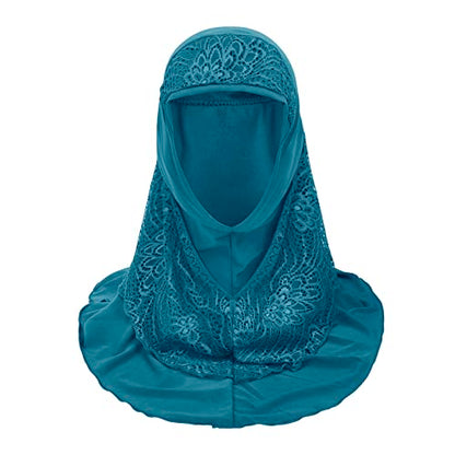 Women Soft One Piece Hijab Long Muslim Turban Islamic Full Head Scarf - color: Lace/Blue