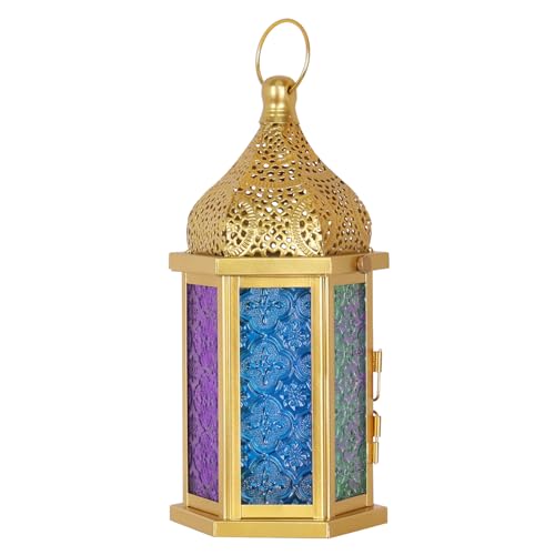 NEEDOMO Ramadan Decorations, 13" Ramadan Lantern, Vintage Gold Metal Candle Lanterns with Glass, Ramadan Decor for Table, Wall, Porch, Eid Haning Decor Decorative Indoor Outdoor - color: Colorful