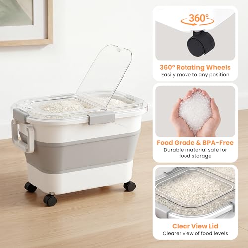 30 Lbs Rice Storage Container with Wheels, Collapsible Airtight Food Storage Container with Transparent Lid, Measuring Cup, Scoop, Handle, BPA Free Rice Holder for Pet Food, Grain, and Bird Seed - color: Grey/23-30lbs